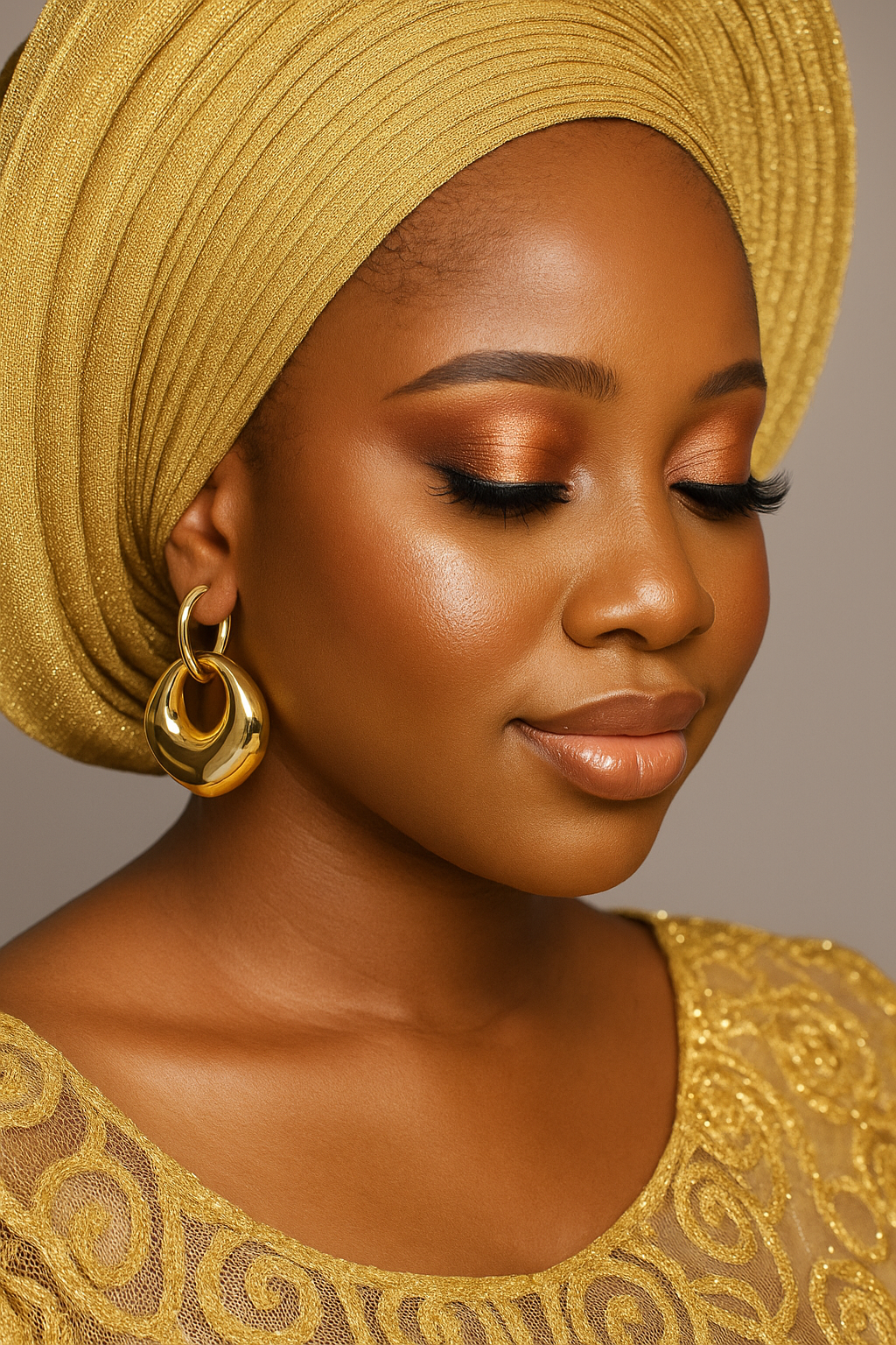 Close-up of a woman wearing a golden headwrap and matching textured outfit showcasing a shiny gold Bold Drop Earring with smooth, rounded design enhancing her elegant look.