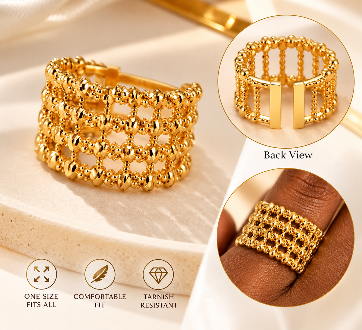 Beaded Statement Ring – Textured Wide Band