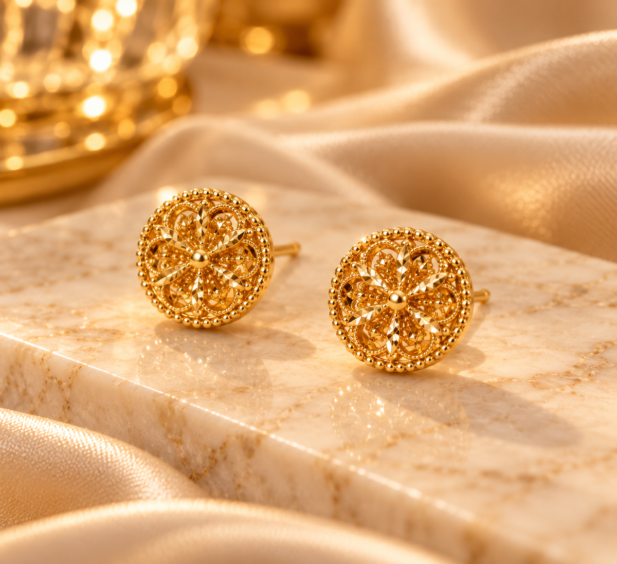 Round Gold Floral Crystal Stud Earrings
