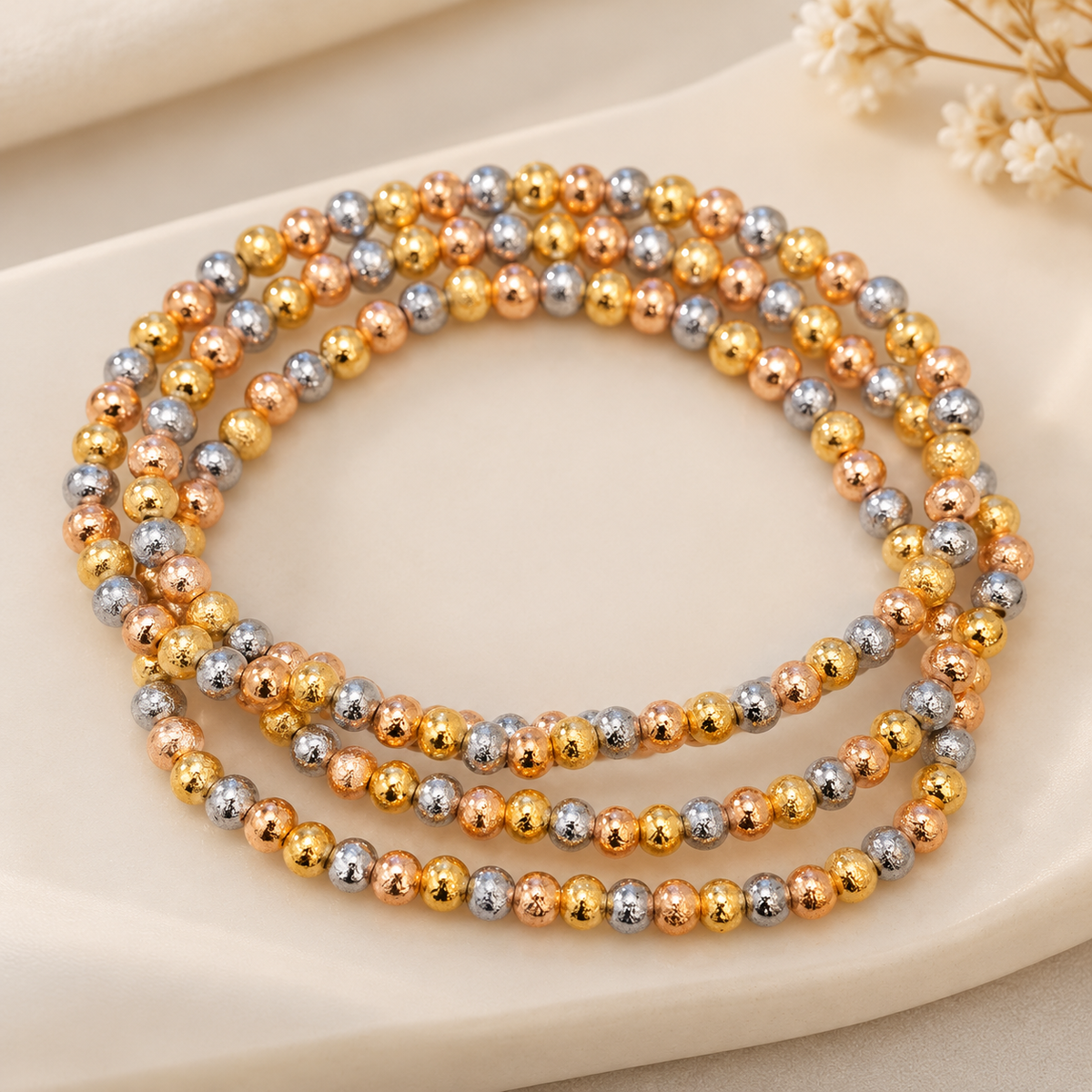 Tri-Tone Textured Bead Stretch Bracelet Set – Gold, Rose Gold & Silver
