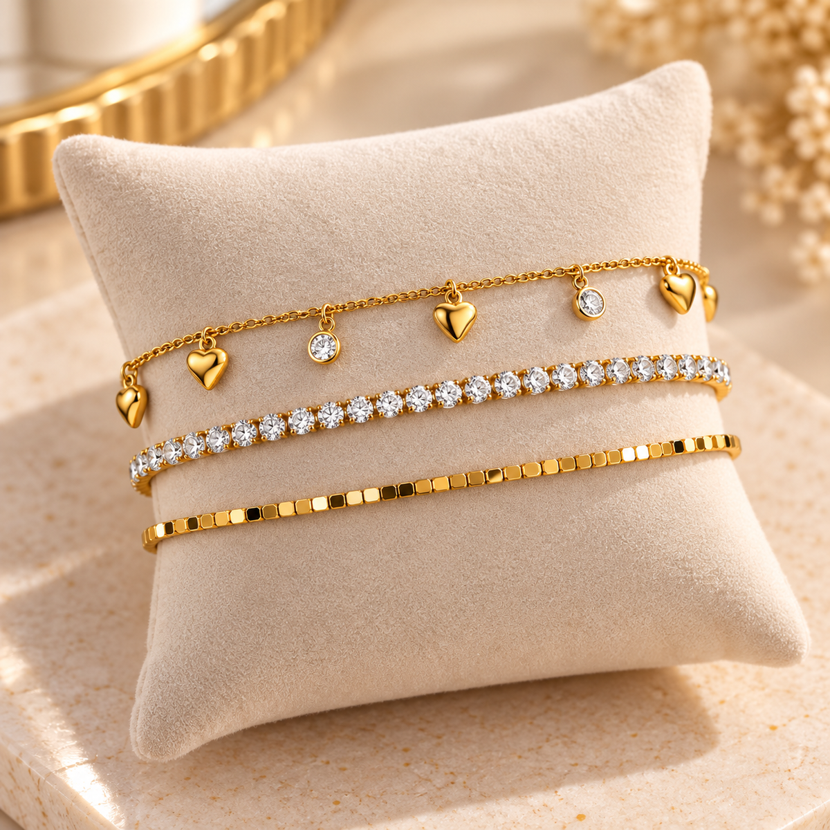Charm, Crystal Tennis & Geometric Link Bracelet Stack – 3-Piece Set