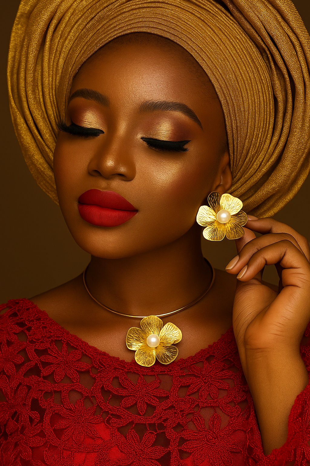 Elegant close-up of a woman wearing a gold flower petal set featuring textured petals with a central pearl, paired with bold red lipstick and a matching gold headwrap and dress.