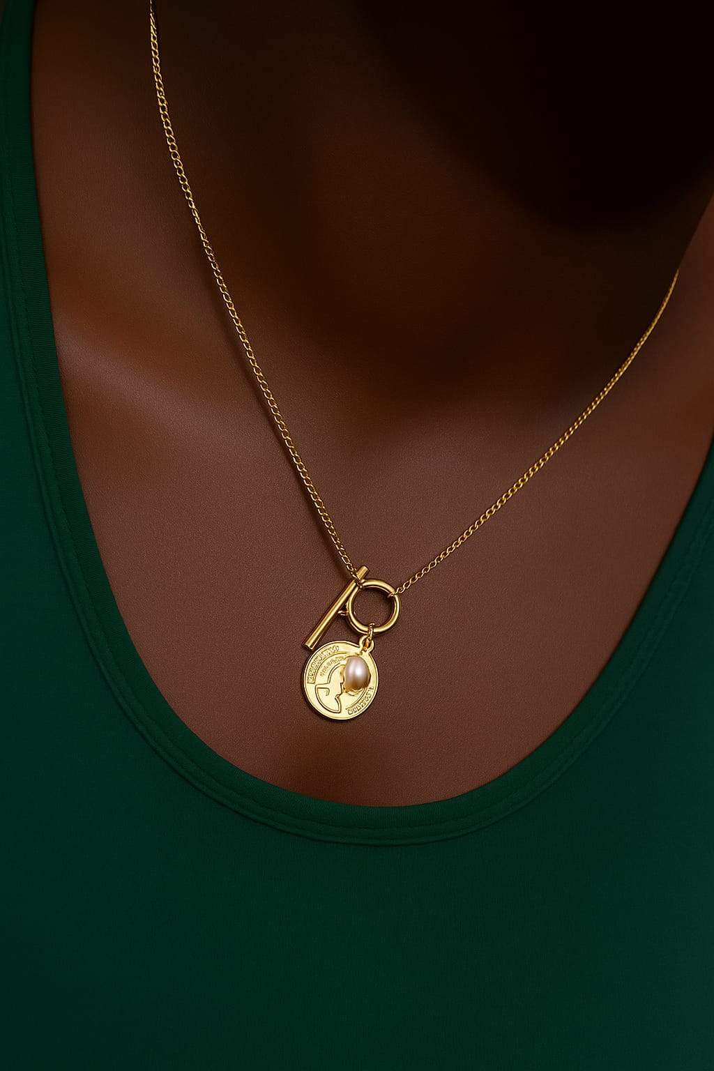 Close-up of a stylish gold chain featuring a round gold pendant and a small pearl charm worn on a dark skin tone, showcasing the elegant Locket style Necklace.