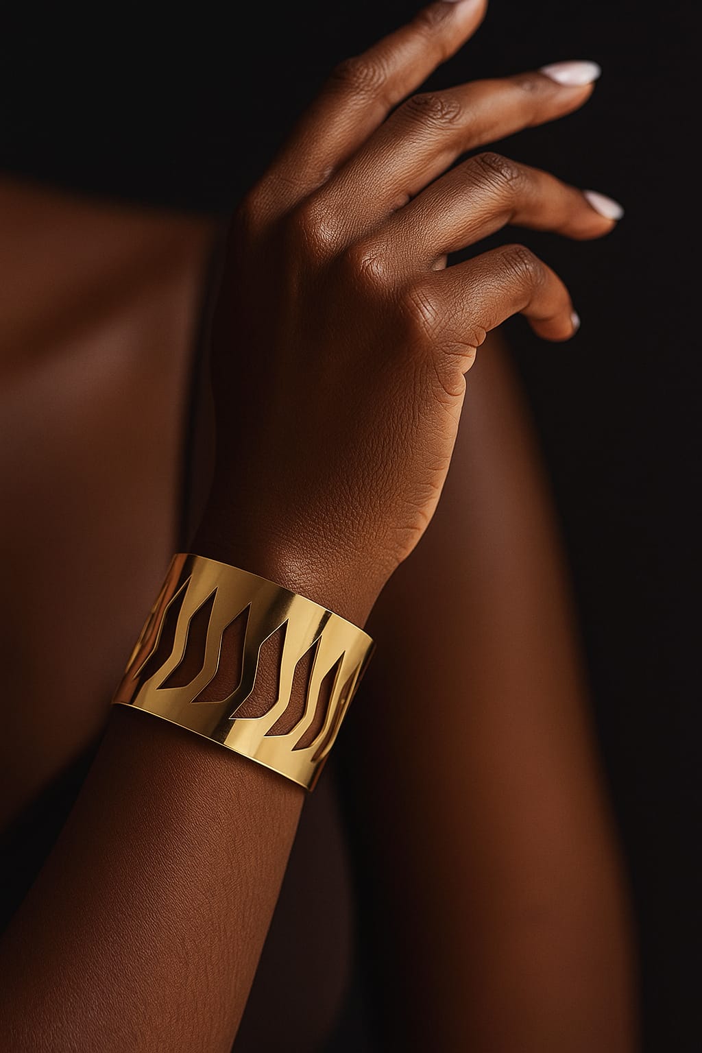 Close-up of a dark-skinned hand wearing a Cuff Bangle Diamond shape in gold, featuring a geometric cutout design, set against a black background.