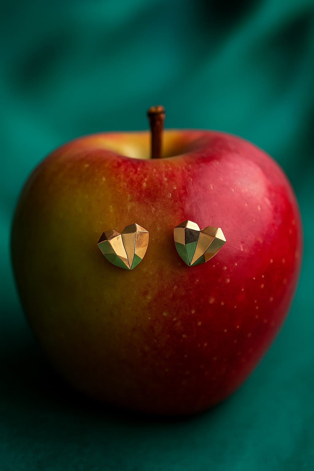 Heart shaped stud earrings with a geometric design, displayed on a red and green apple against a teal background, showcasing modern luxury accessories.