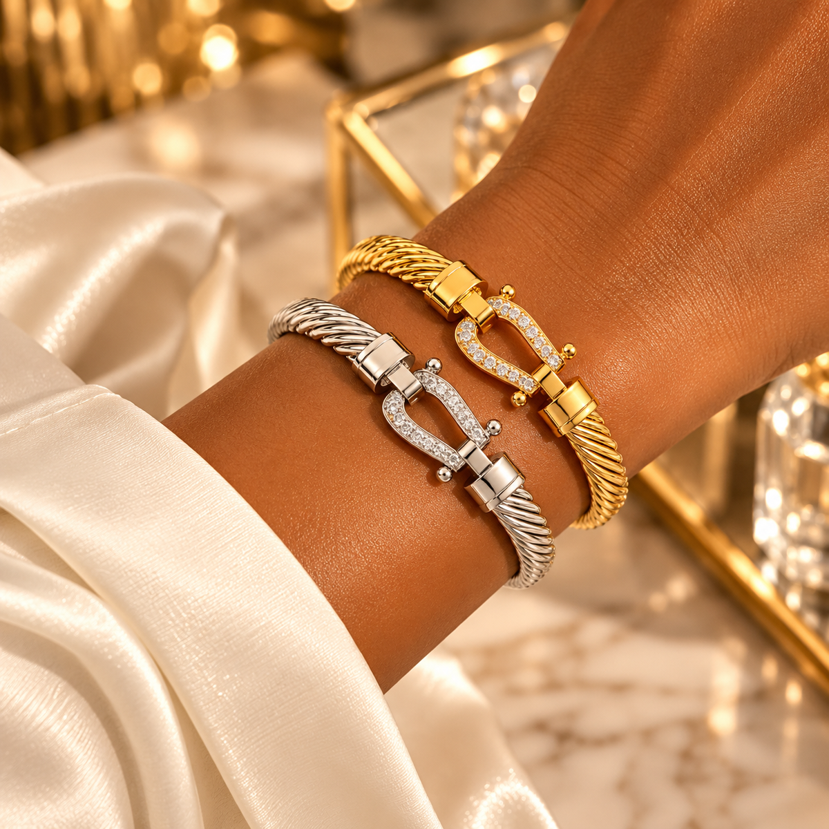 Twisted Cable Bracelet Stack with Crystal Clasp