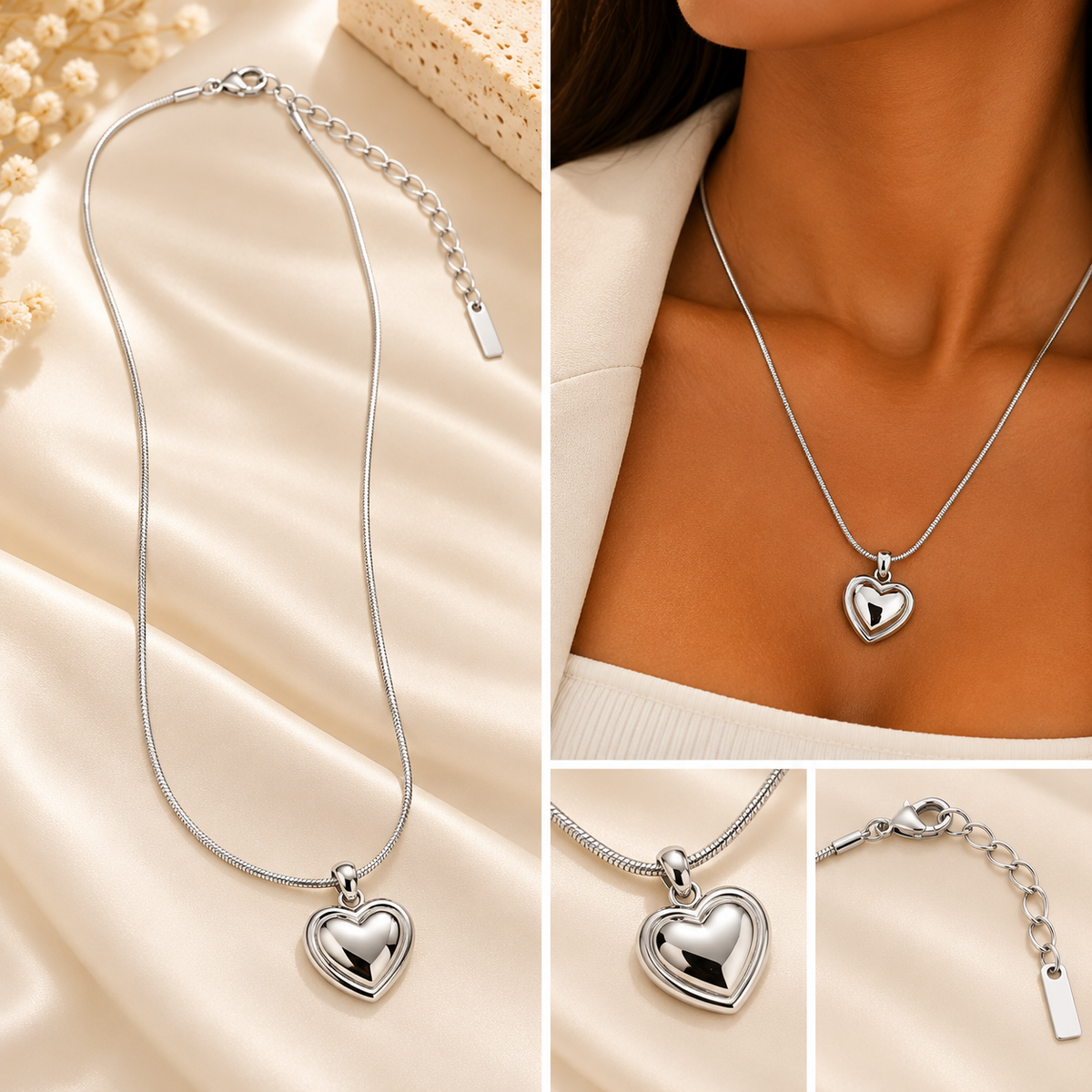 Silver Double Heart Pendant Necklace
