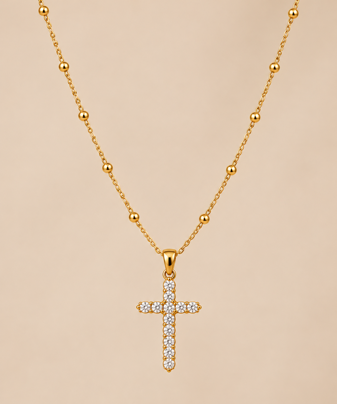 Beaded Chain Necklace with Crystal Cross Pendant