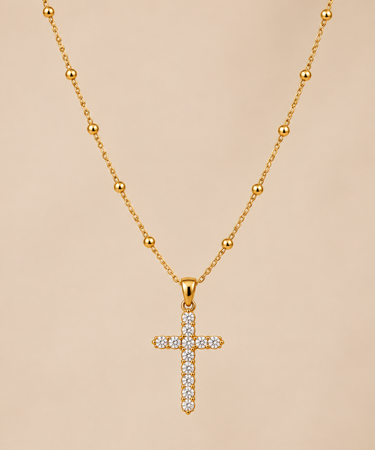 Beaded Chain Necklace with Crystal Cross Pendant