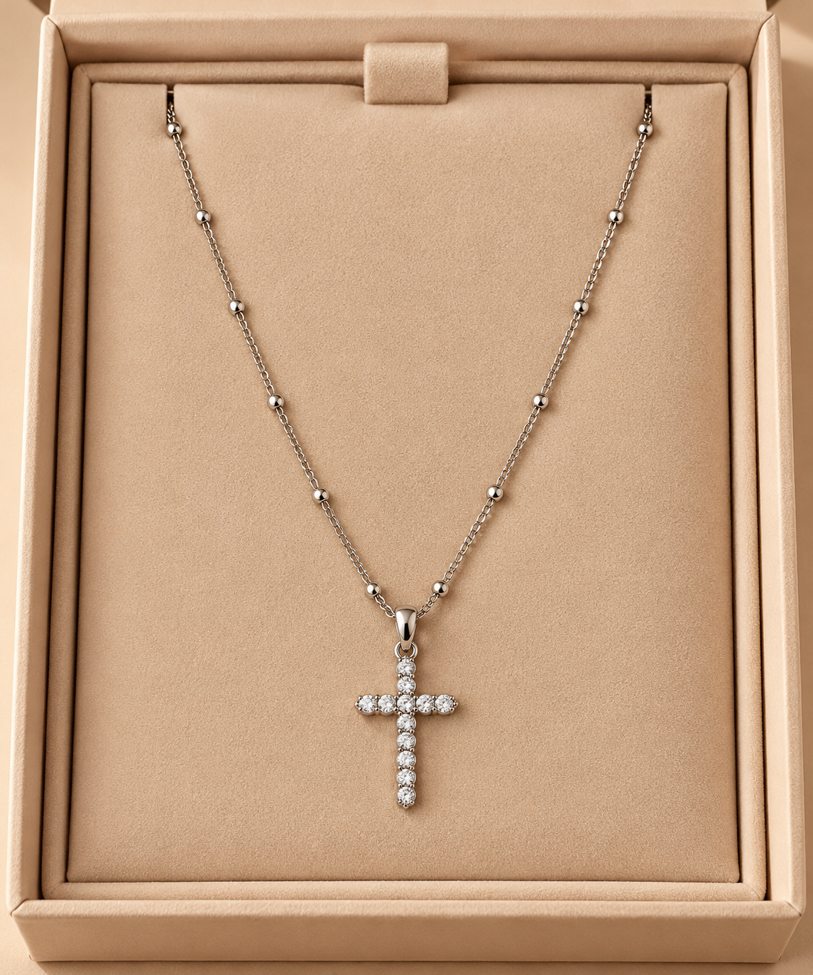 Beaded Chain Necklace with Crystal Cross Pendant