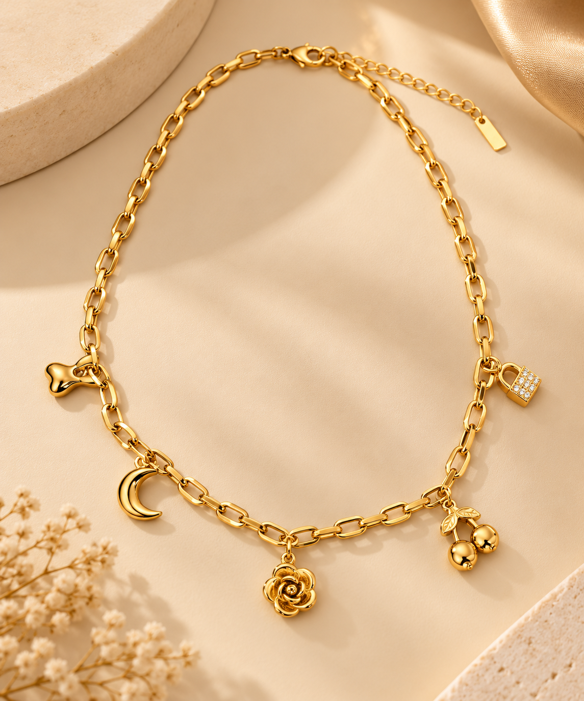 Charm Statement Necklace – Moon, Rose, Cherry & Padlock