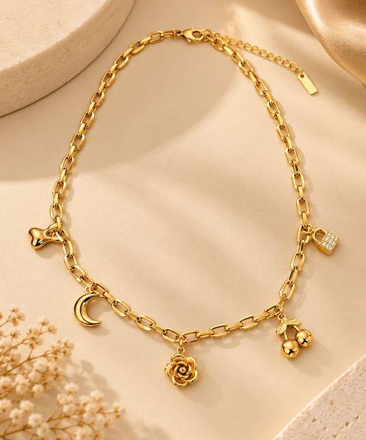 Charm Statement Necklace – Moon, Rose, Cherry & Padlock