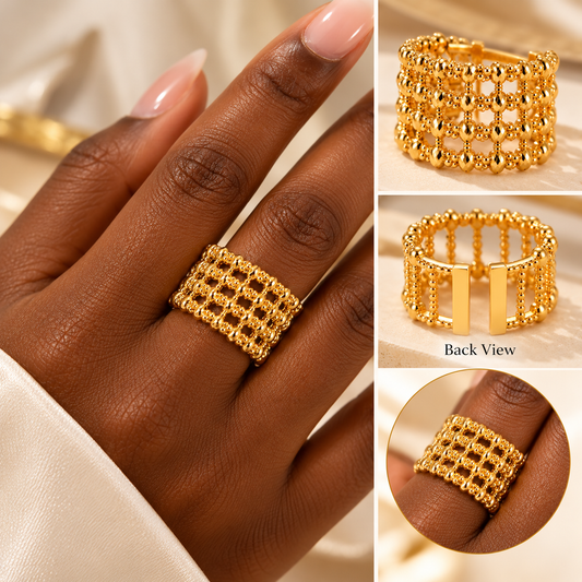 Beaded Statement Ring – Textured Wide Band