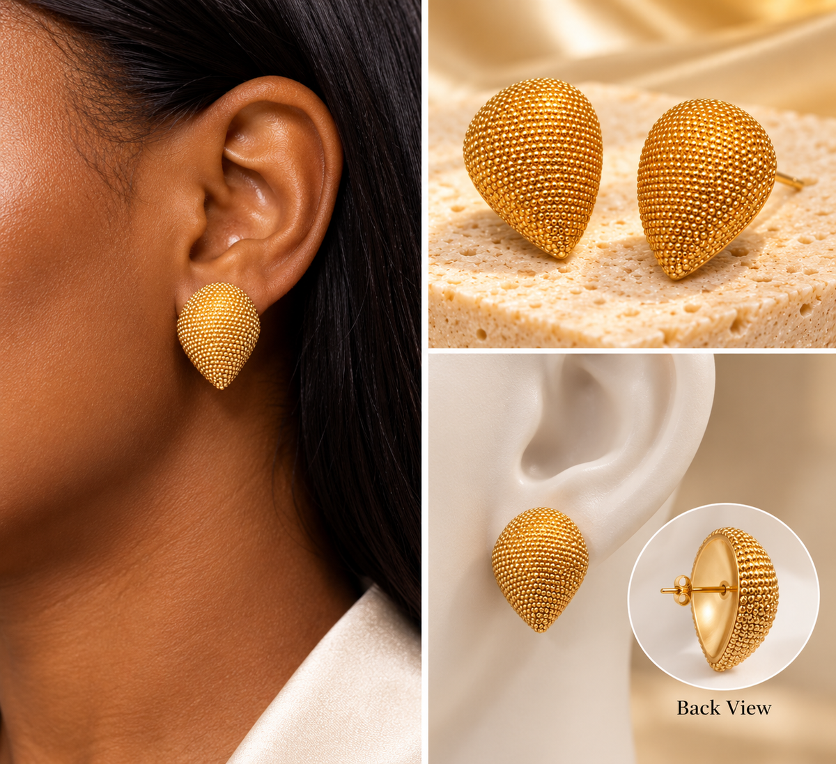 Gold Textured Teardrop Stud Earrings – Beaded Design