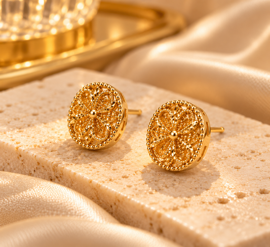 Round Gold Floral Crystal Stud Earrings