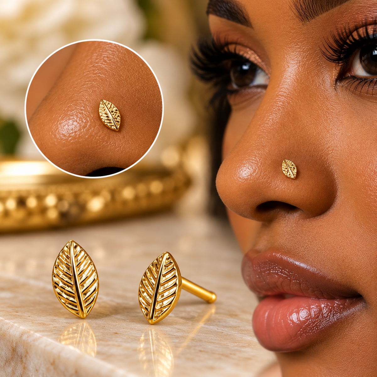 Leaf-Shaped Nose Studs – Tiny Gold Nose Piercing Jewellery