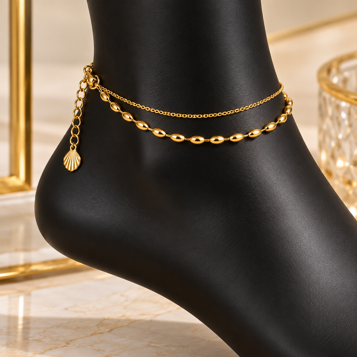 Layer Beaded Anklet with Delicate Chain & Shell Charm
