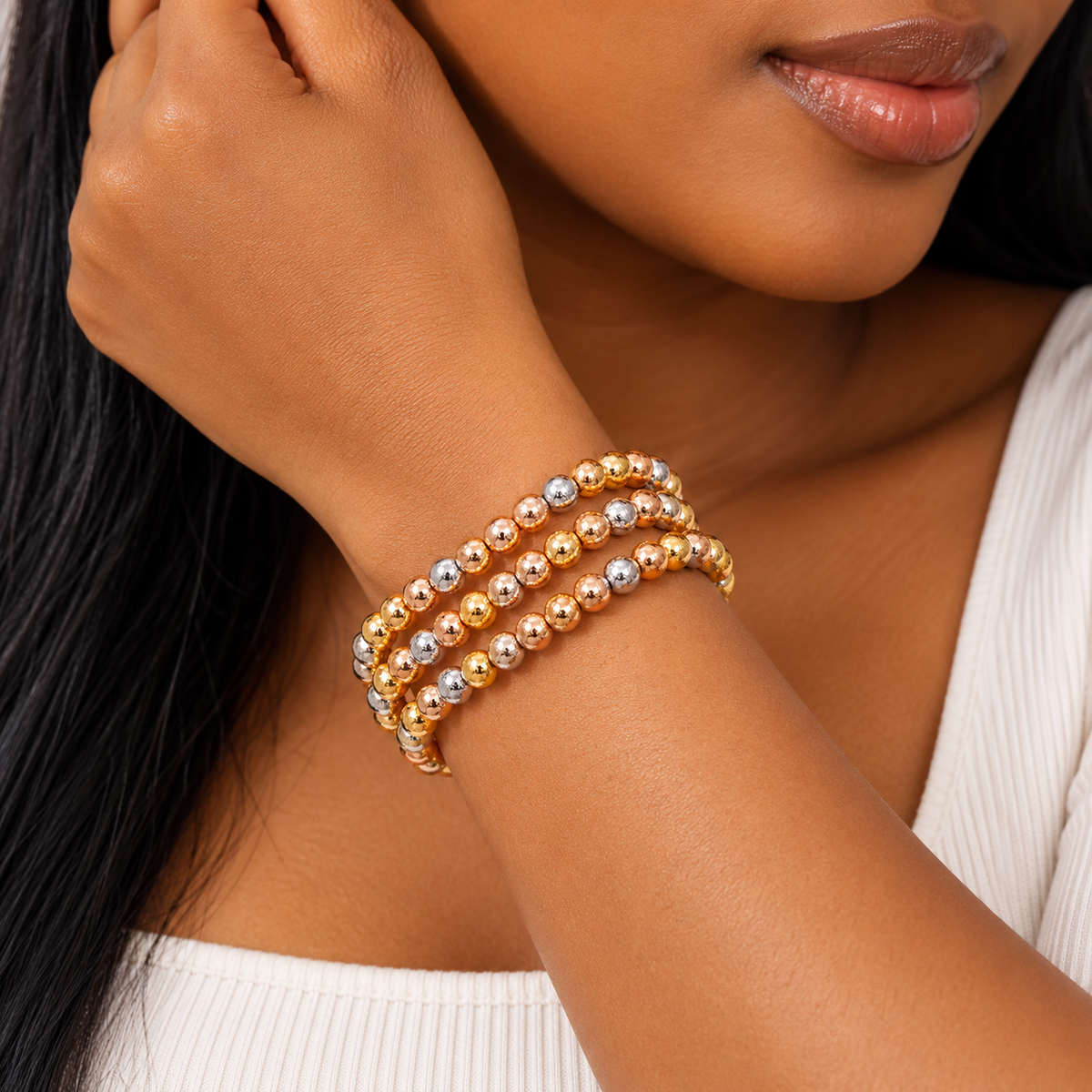 Tri-Tone Textured Bead Stretch Bracelet Set – Gold, Rose Gold & Silver