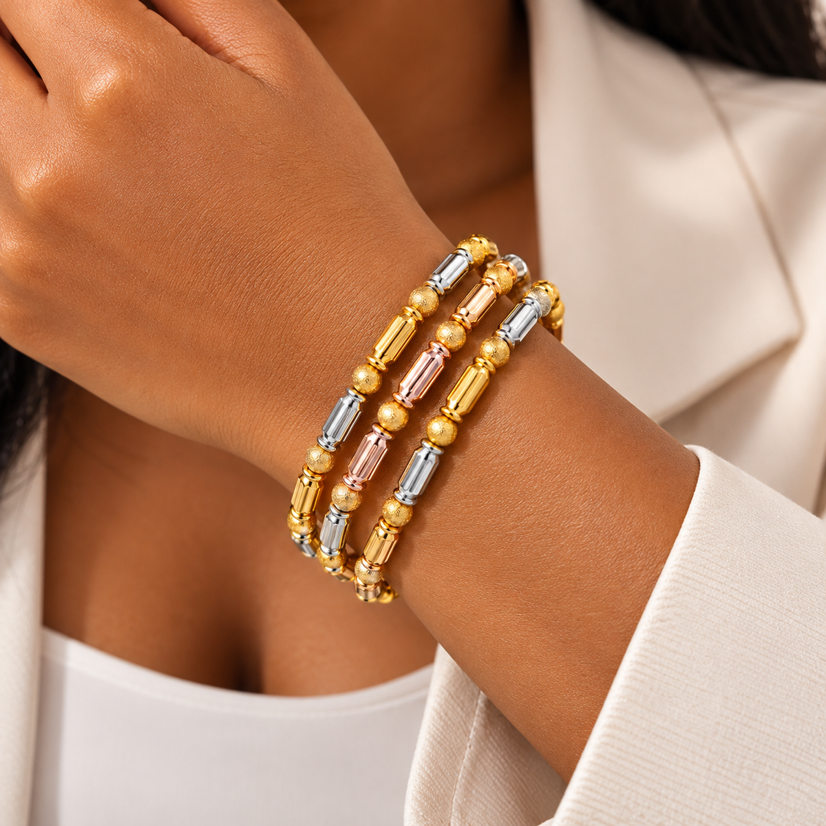 Tri-Tone beaded, Silver & Rose Gold Beaded Triple-Strand Bracelet