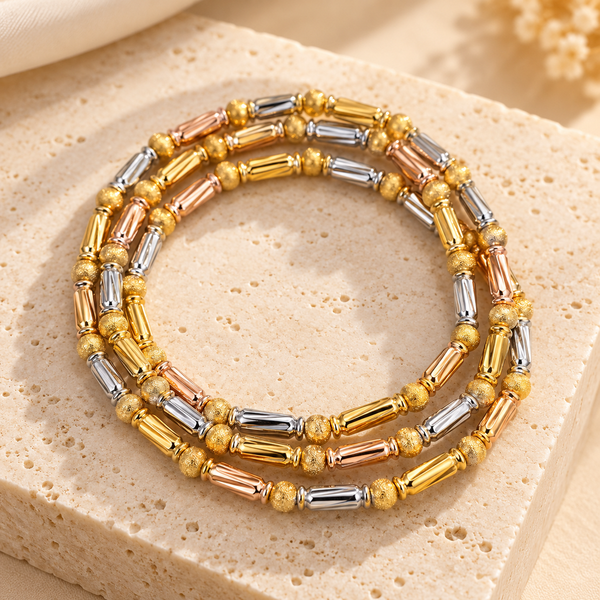 Tri-Tone beaded, Silver & Rose Gold Beaded Triple-Strand Bracelet