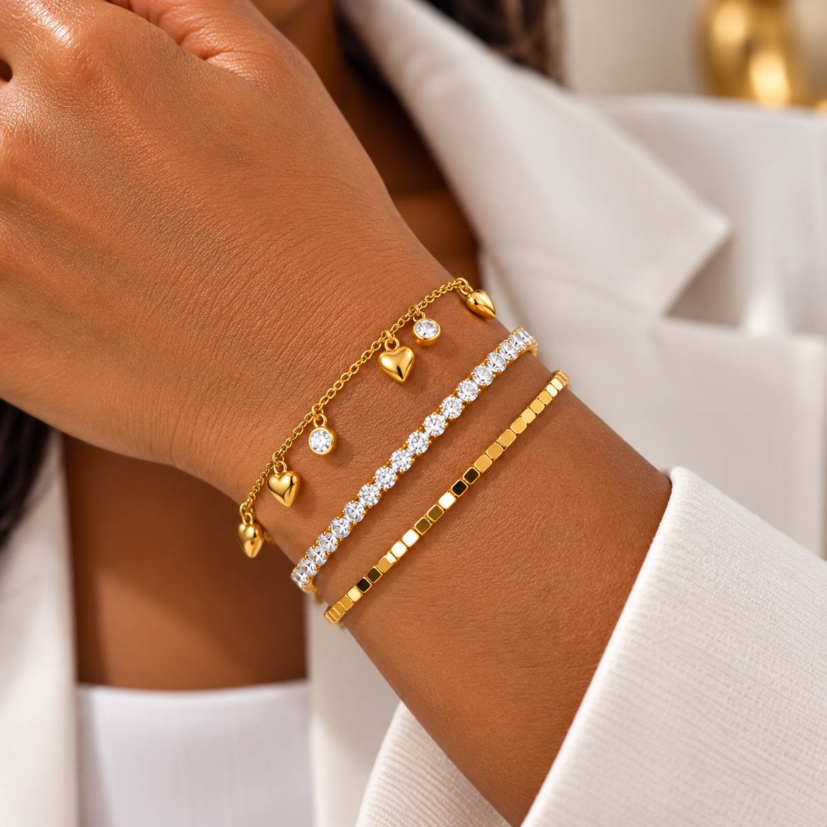 Charm, Crystal Tennis & Geometric Link Bracelet Stack – 3-Piece Set