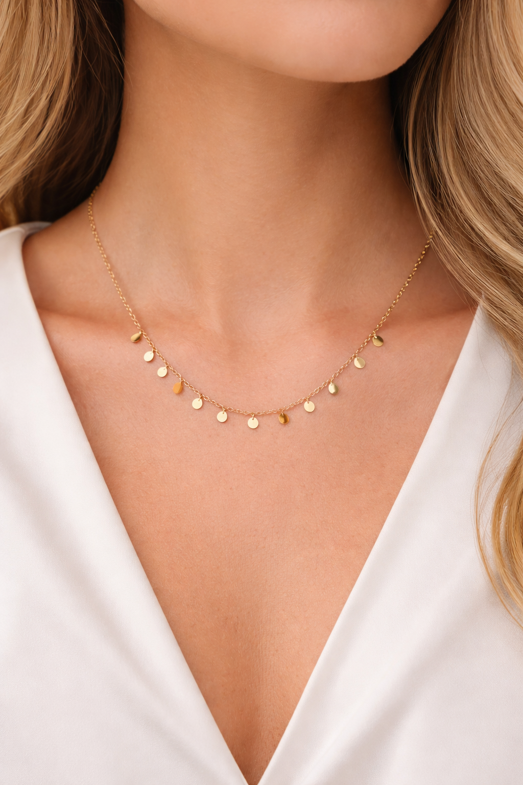 Close-up of a woman wearing a Delicate Gold Layering Necklace featuring small, shiny gold discs evenly spaced along a fine gold chain, styled with a white v-neck top.