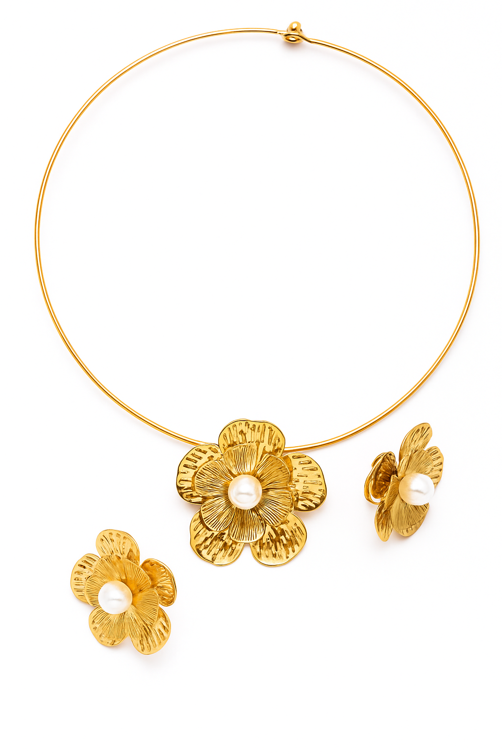 Flower petal set featuring a gold necklace and matching stud earrings with textured floral designs and pearl centers, offering elegant luxury accessories.