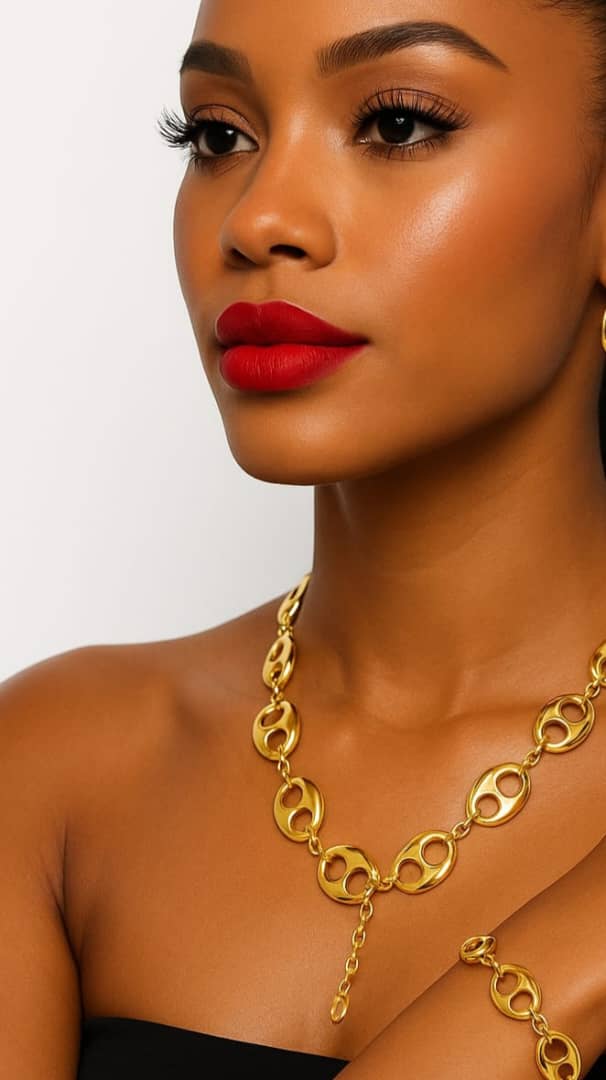 Close-up of a woman wearing a Gold-Plated Necklace & Bracelet Set featuring bold, linked circular accents, paired with elegant makeup and red lipstick.