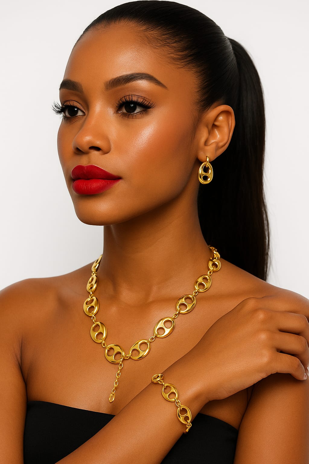 Elegant woman wearing a Gold-Plated Necklace & Bracelet Set with matching gold earrings, featuring bold linked circular designs and a polished finish.