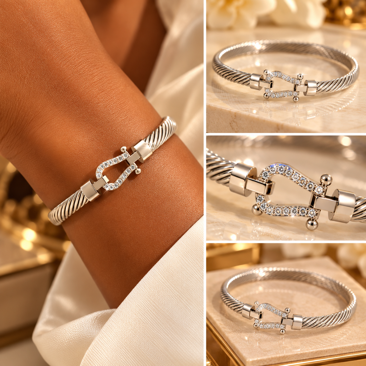 Twisted Cable Bracelet Stack with Crystal Clasp