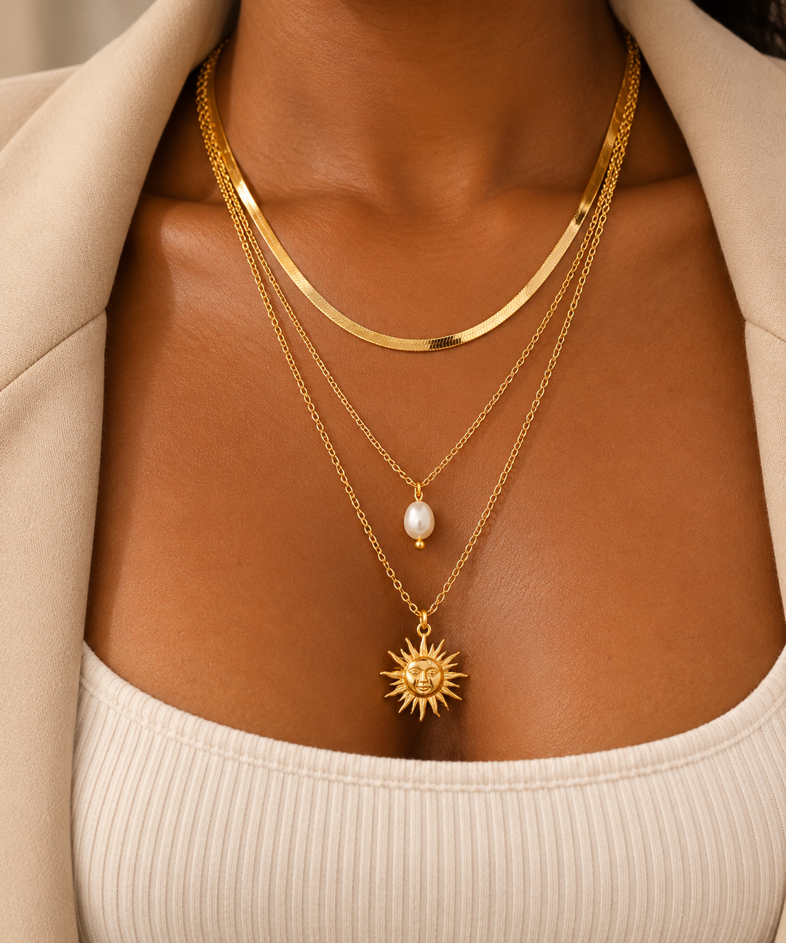 Layered Necklace Set with Pearl Drop & Sun Pendant – Tiwa Luxe