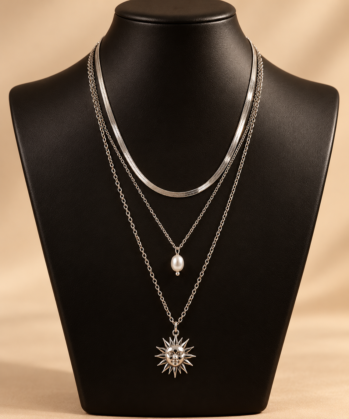 Layered Necklace Set with Pearl Drop & Sun Pendant – Tiwa Luxe