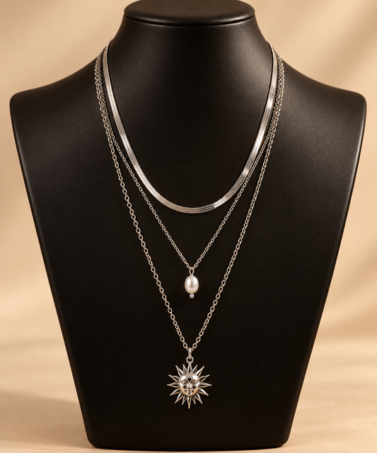 Layered Necklace Set with Pearl Drop & Sun Pendant – Tiwa Luxe